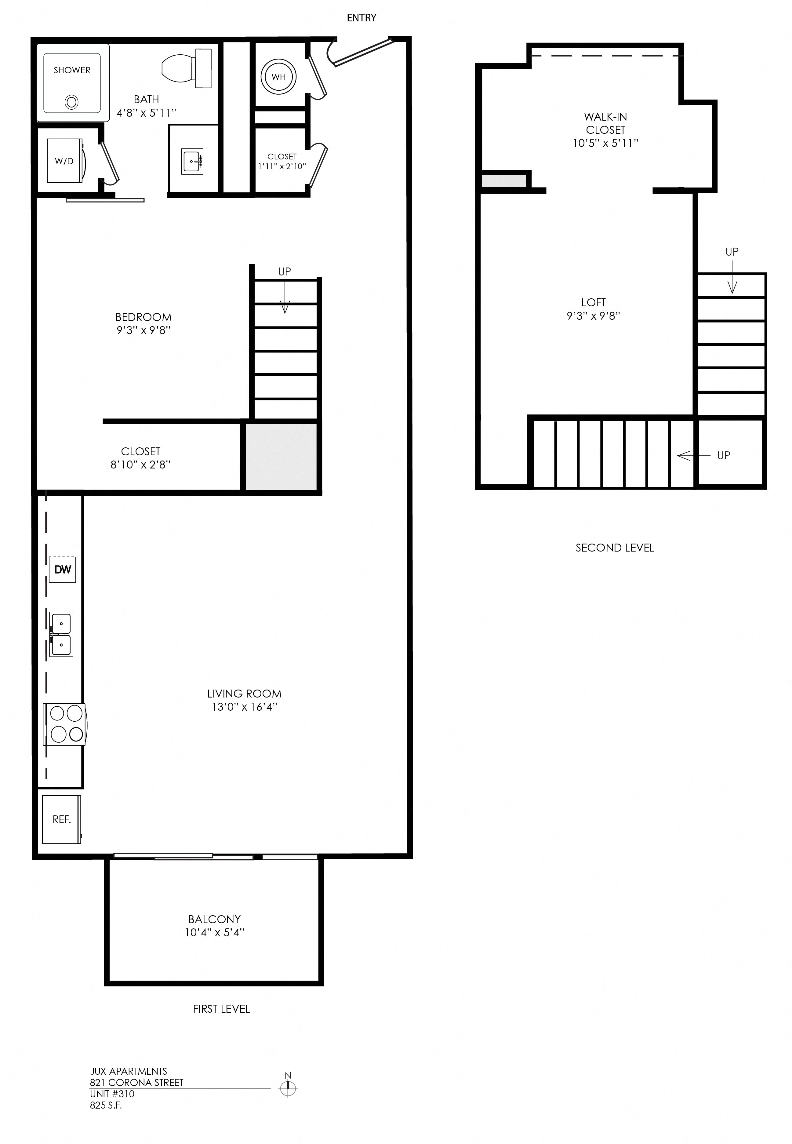 Floor plan for 1 bed, 1 bath, 770 sqft
